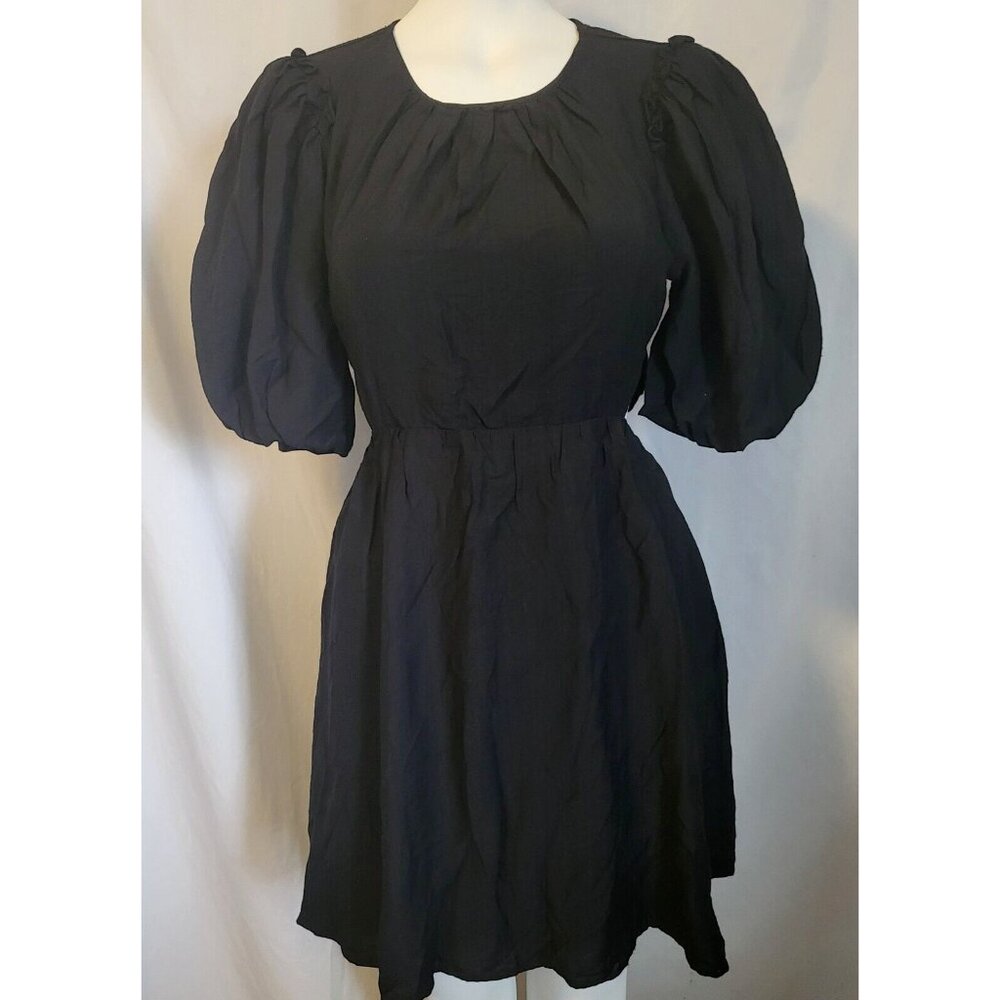 Moon River Women's Black Open Back Pouf Sleeve Midi Fit Flare Dress Large, NWOT